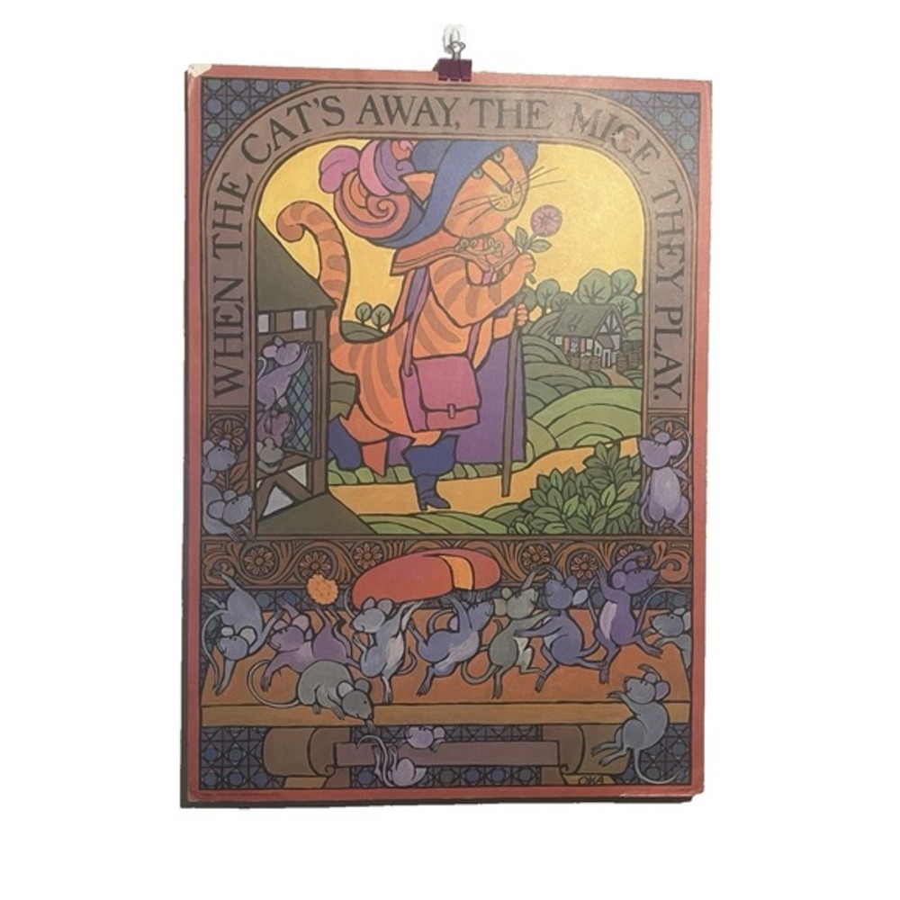 Vintage Jane Oka Poster When the Cat's Away the Mice They Play 1970s Litho 29x21